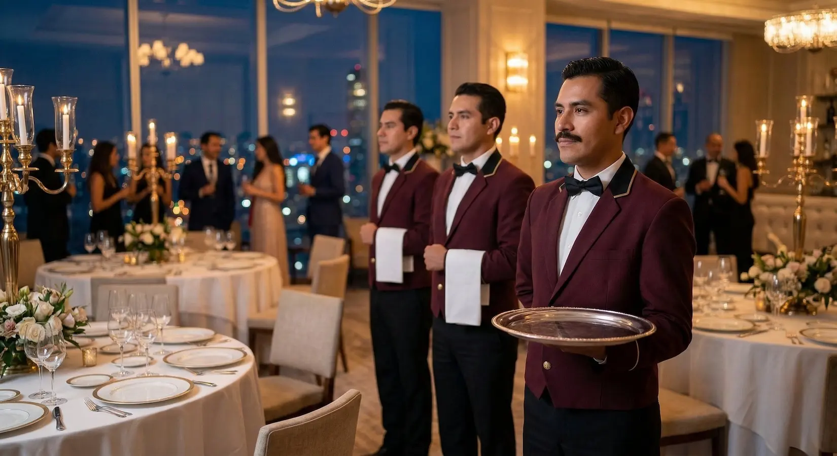 Meseros alineados y listos para el servicio